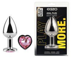 Анальна пробка з кристалом EGZO - Silver Heart Plug Pink size S