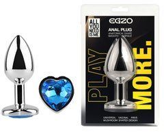 Анальна пробка з кристалом EGZO - Silver Heart Plug Blue size S
