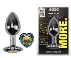 Анальна пробка з кристалом EGZO - Dark Silver Heart Plug Rainbow size M