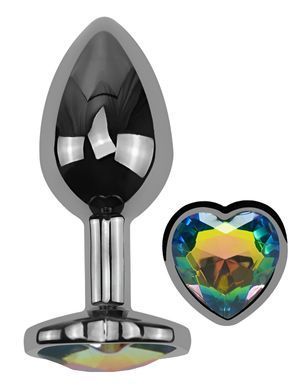 Анальная пробка с кристаллом EGZO - Dark Silver Heart Plug Rainbow size M