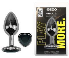 Анальна пробка з кристалом EGZO - Dark Silver Heart Plug Black size M