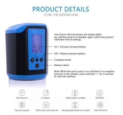 Автоматична вакуумна помпа із зарядкою від USB та LCD дисплеєм CANWIN Passion Pump Men Blue - P648AU