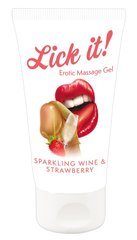 Веганський масажний гель на водній основі з ароматом і смаком шампанського з полуницею - Lick-it Sparkling wine & Strawberry, 50 мл