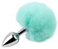Анальная пробка с хвостом EGZO - Bunny Tail Silver Plug Turquoise, size S