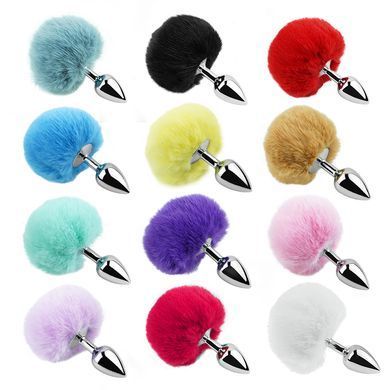 Анальна пробка з хвостом EGZO - Bunny Tail Silver Plug Turquoise, size S